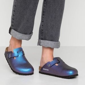 Birkenstock Boston Birko-Flor Icy Metallic Violet Blue Clogs